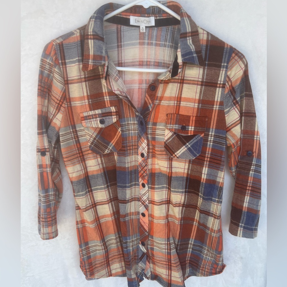Eden & Olivia Plaid Shirt – Orange, Blue & Cream, Button Front, Classic Fit- M